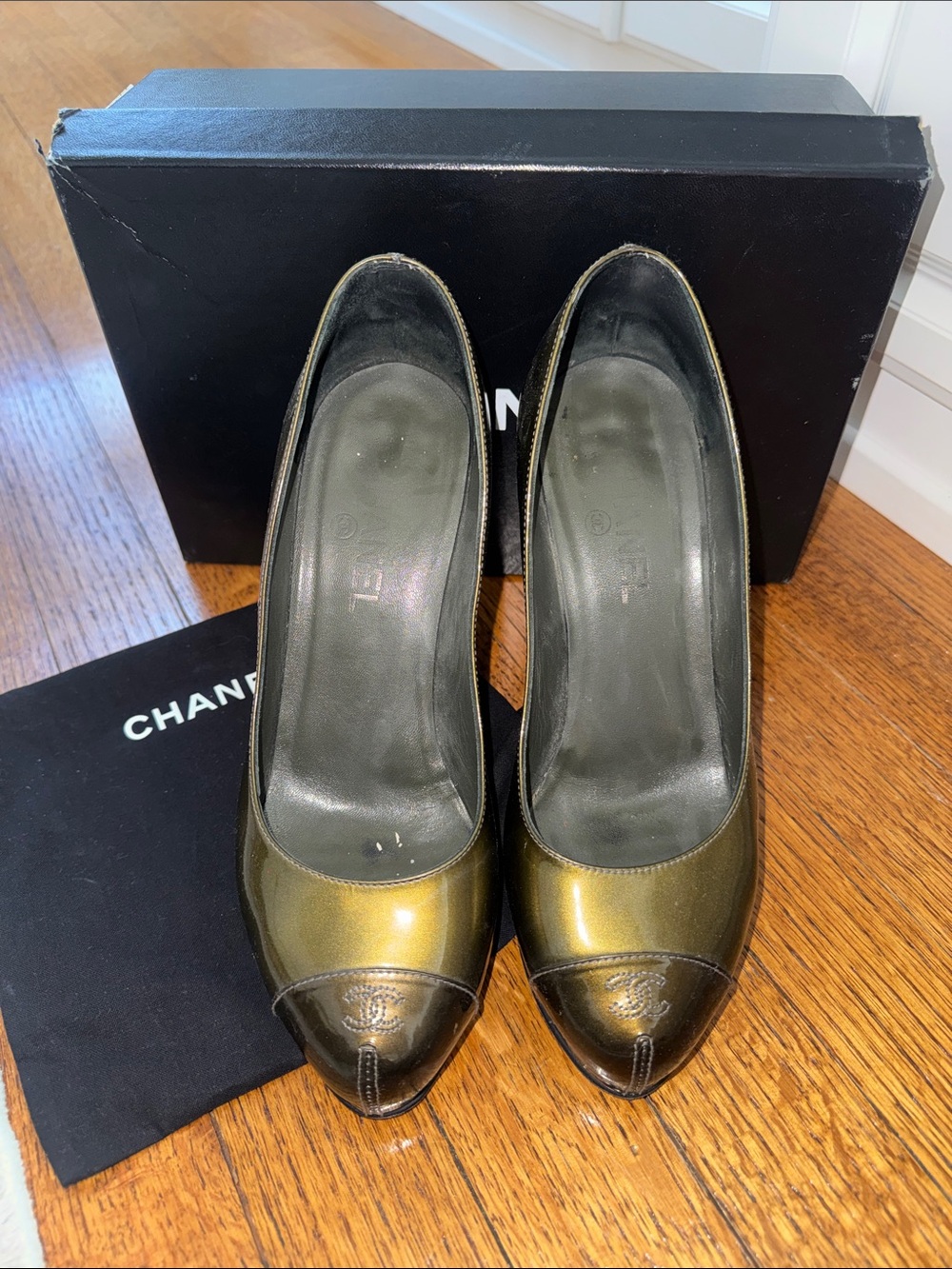 CHANEL Vintage Metallic Olive-Gold Cap-Toe Pumps 39.5